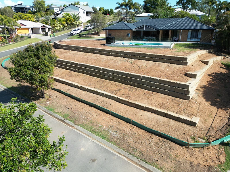 Drone view of property after construction of terracing.
